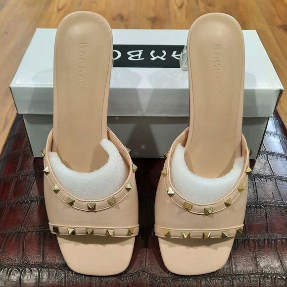 BAMBOO LUCENT-06 Nude Sparkle Chunky Clear Block Heel Slip On Mule Sandals Sz 8 - Picture 2 of 6